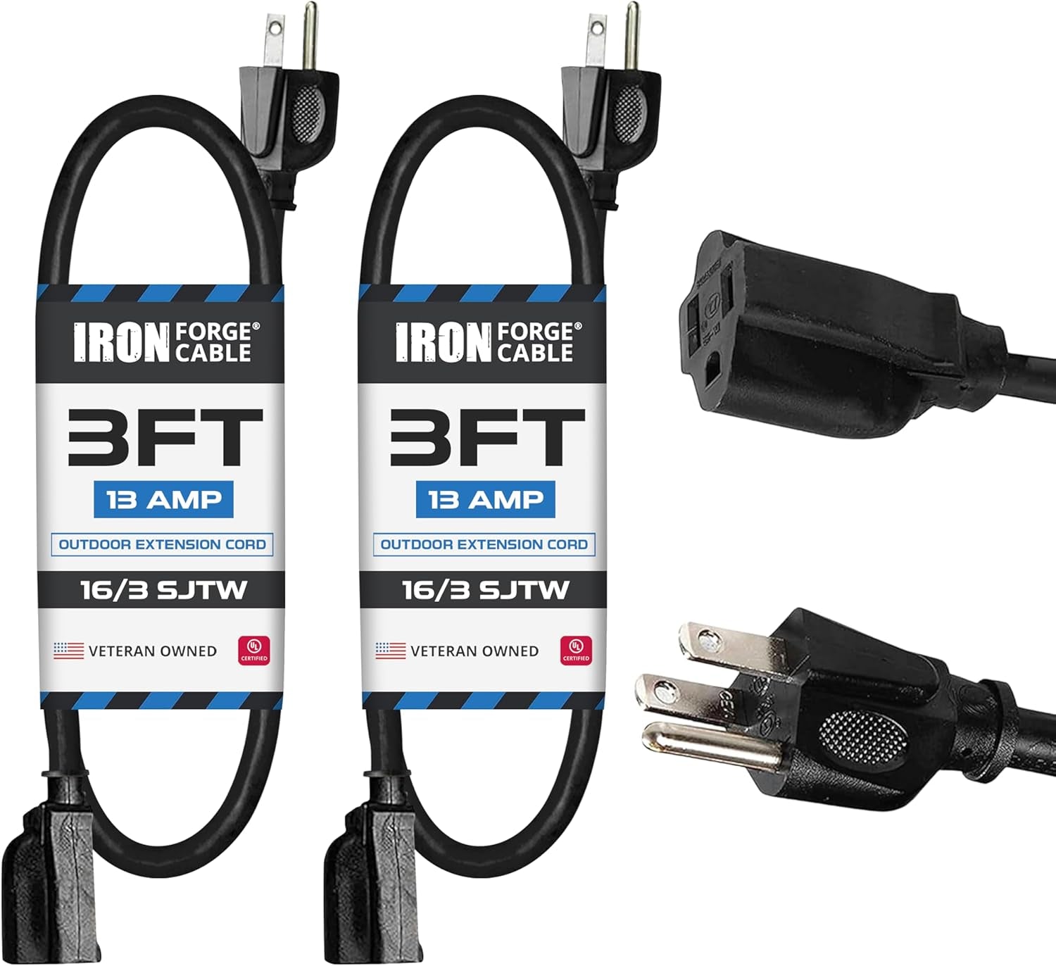 2 Pack 3 Ft Black Extension Cord, 16/3, 3 Foot Extension Cord, 3 Prong, Weatherproof - Great for outside Use