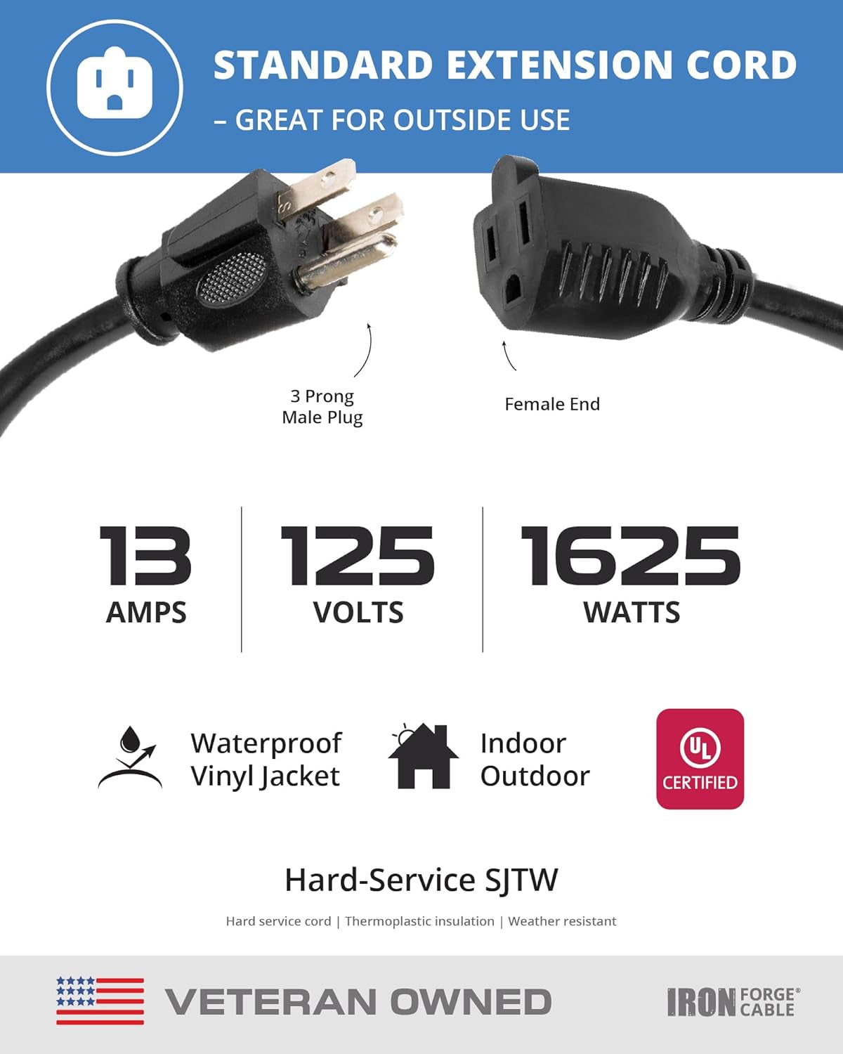 2 Pack 3 Ft Black Extension Cord, 16/3, 3 Foot Extension Cord, 3 Prong, Weatherproof - Great for outside Use