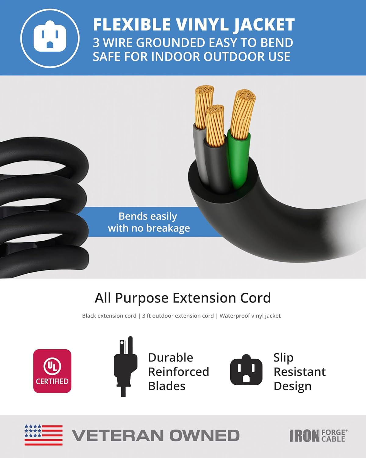 2 Pack 3 Ft Black Extension Cord, 16/3, 3 Foot Extension Cord, 3 Prong, Weatherproof - Great for outside Use