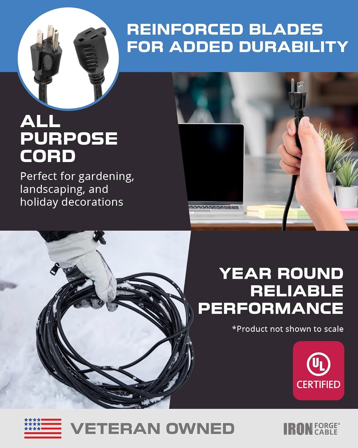2 Pack 3 Ft Black Extension Cord, 16/3, 3 Foot Extension Cord, 3 Prong, Weatherproof - Great for outside Use